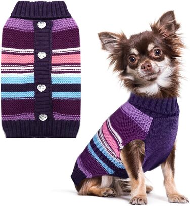 Пуловер для собак у смужку, теплий в'язаний пуловер з коміром-горловиною, теплий та м'який одяг для собак маленьких та середніх порід (L, фіолетовий у смужку)