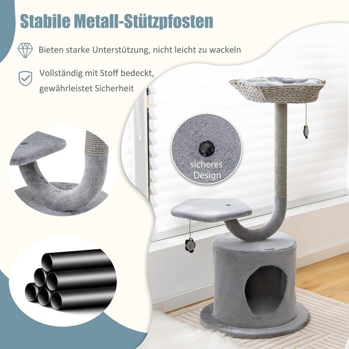 Дерев'яний кігтеточки для котів Costway 106 см з будиночком та лежанками, 2 м'ячики, сірий