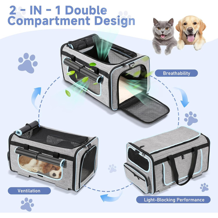 Транспортер для тварин на колесах для котів та собак, сумка-переноска з знімними колесами та пральним вкладишем, плечовий ремінь, портативний транспортер для відпочинку на природі та подорожей на авто (Макс.20 кг)