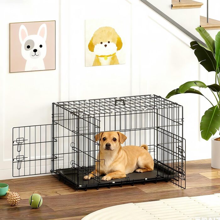 Клітка для собак BestOffice, складана, з 2 дверцятами, висувний піддон, ручка, переноска для собак, 61x42x48 см, S, чорна