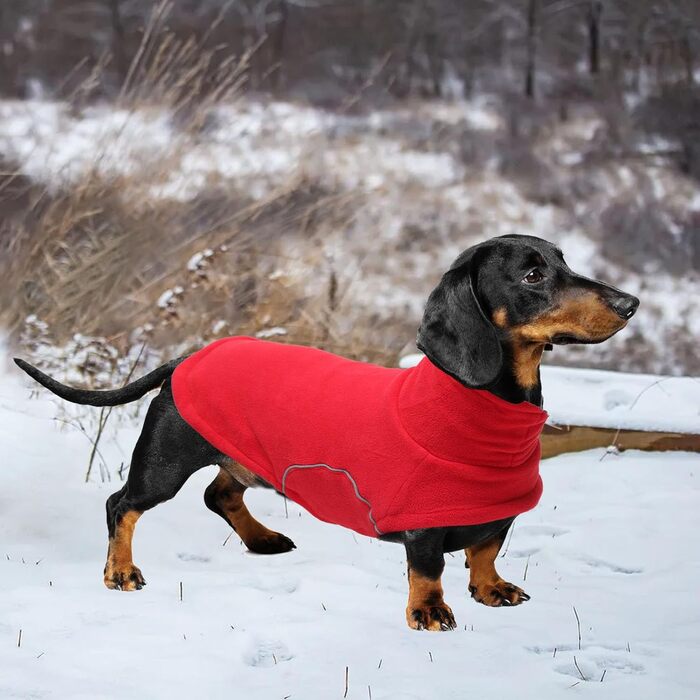 Теплий флісовий пуловер для собак, теплий теплий наряд для такс, тепла куртка та одяг для собак з отвором для повірця, відбиваюча мініатюрна одяг для такс на зиму, для холодної погоди, для дому, XS (довжина спини: 31-33 см), червоний