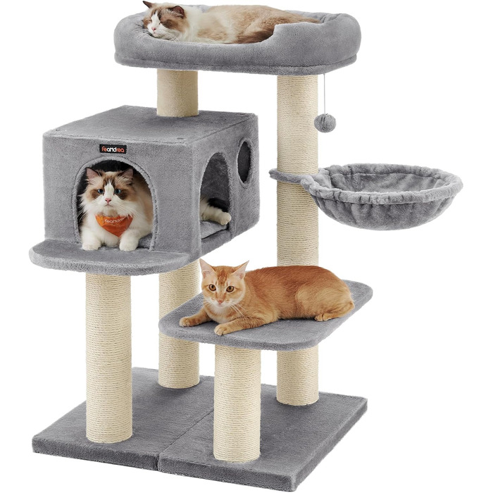 Драбина для котів Feandrea XXL: міцна, з 6 товстими стовпчиками, платформа, будиночок, кошик, сіра