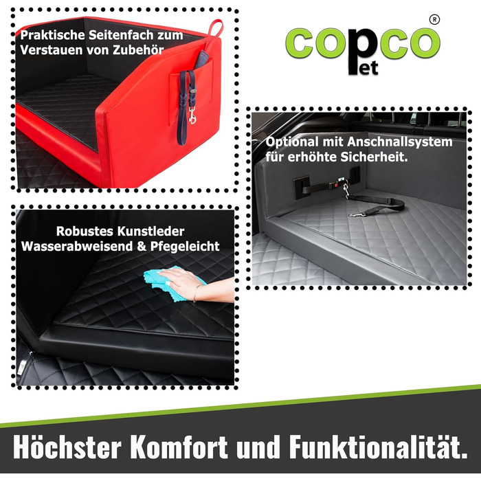 Ліжко для собак у багажник CopcoPet - 90x70x38 см, штучна шкіра, захист багажника, водовідштовхувальне, стійке до подряпин, система кріплення, захисний коврик, червоно-чорний колір