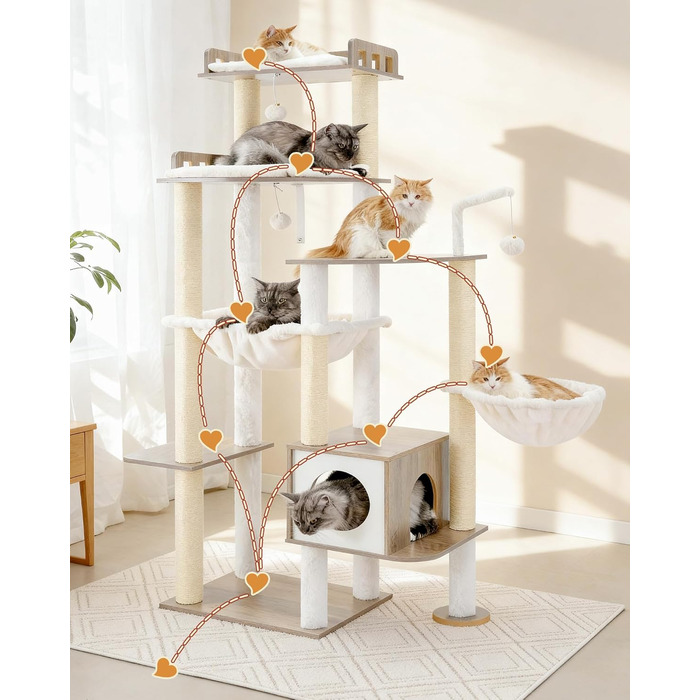 Дерев'яний когтеточка Heybly Kratzbaum 179 см з будиночком та гамаком, HCT121WB (Вінтаж-Сірий)