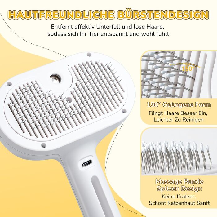 Щітка для котів з парою, для вичісування підшерстка, акумуляторна, з функцією розпилення, для котів та собак з довгою та короткою шерстю, самоочисна, масажна, біла