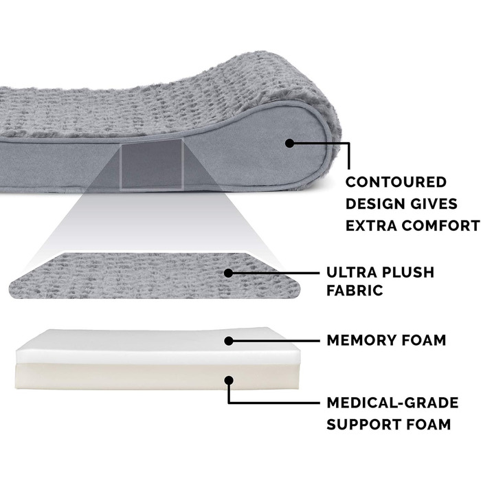 Крісло-лежанка для собак великих порід Furhaven з піною з пам'яті, знімний та пральний чохол, до 81,6 кг, ультра-м'яке штучне хутро та велюр, контурна матрацна поверхня, сірий колір, розмір XXXL (147 x 107 x 23 см)