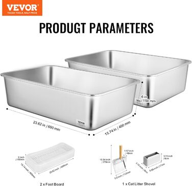 VEVOR XL котячий туалет з нержавіючої сталі, 2 шт, 60×40×15 см, з совком, широким фільтром і високим бортом, без запаху, для великих котів