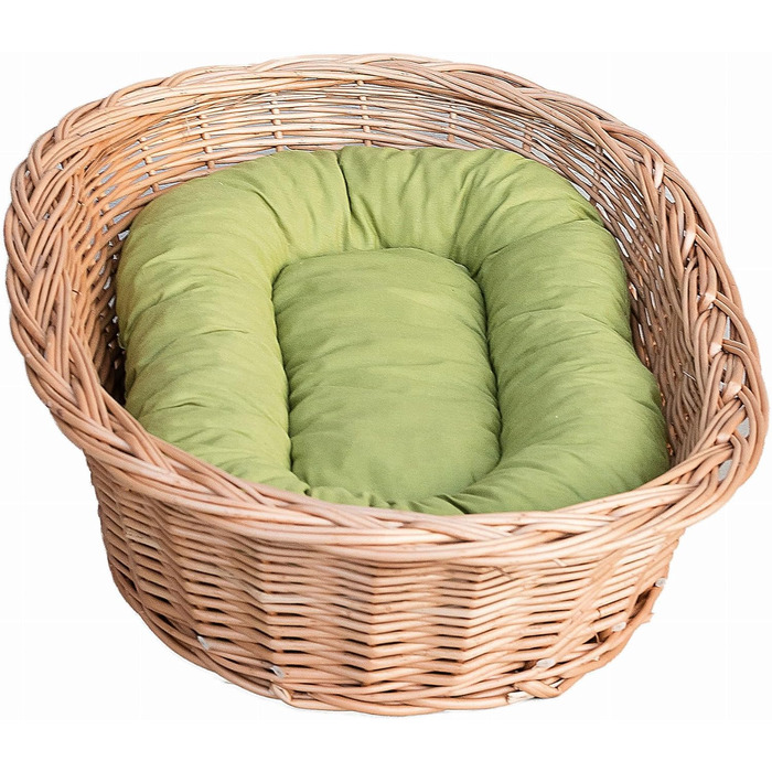 Вільховий Світ - ліжко для собак та котів з плетеного вілля, натуральне, тепле та стильне, різні розміри (50x35x13 см, зелене подушечка)