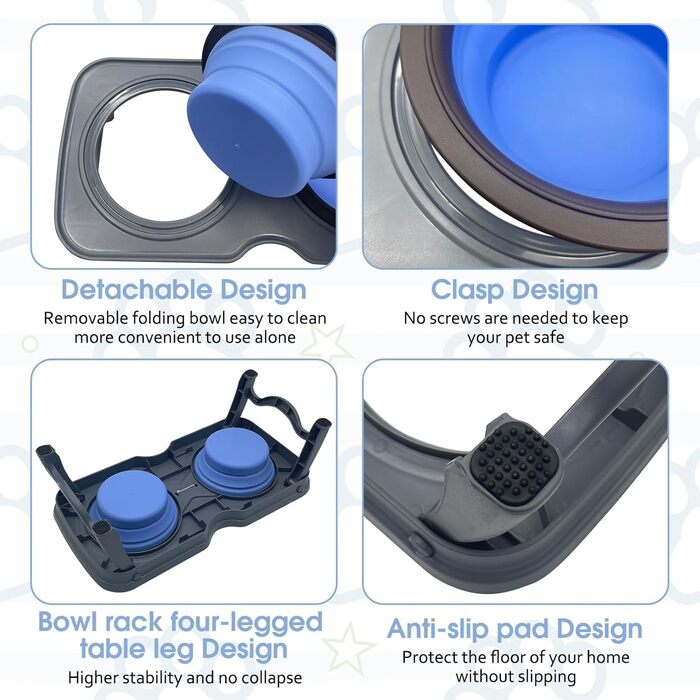 Складані годівниці для собак, 2-в-1 піднятий набір для їжі для домашніх тварин зі стійкою, портативні дорожні миски для собак та котів (Рожевий) (Блакитний)