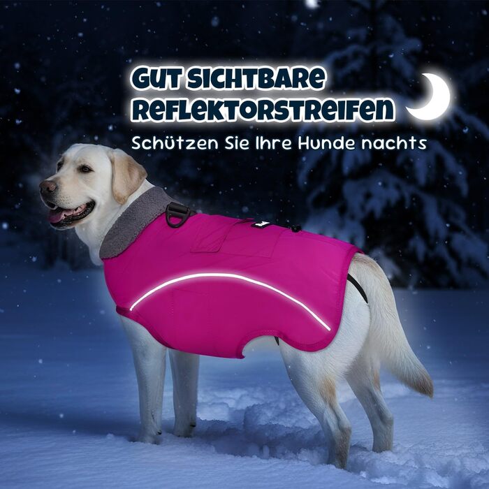 Теплий зимовий одяг для собак Nasjac - куртка з флісовою підкладкою, світловідбиваючими смугами та кишенями, водонепроникна захисна жилетка для собак середніх та великих порід, колір фуксія, розмір L