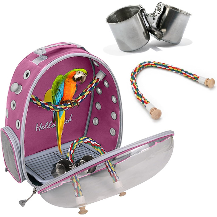 PETCUTE Рюкзак для птахів з дерев'яною жердкою, рожевий: переноска, транспортна сумка, рожевий рюкзак для папуг з підставою з нержавіючої сталі