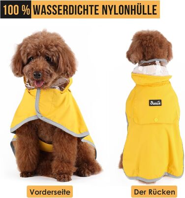 Регенкожух для собак SlowTon: водонепроникний, двошаровий, з капюшоном, світловідбиваючими смугами та кишенею. Підходить для собак маленьких, середніх та великих порід. Колір: жовтий.