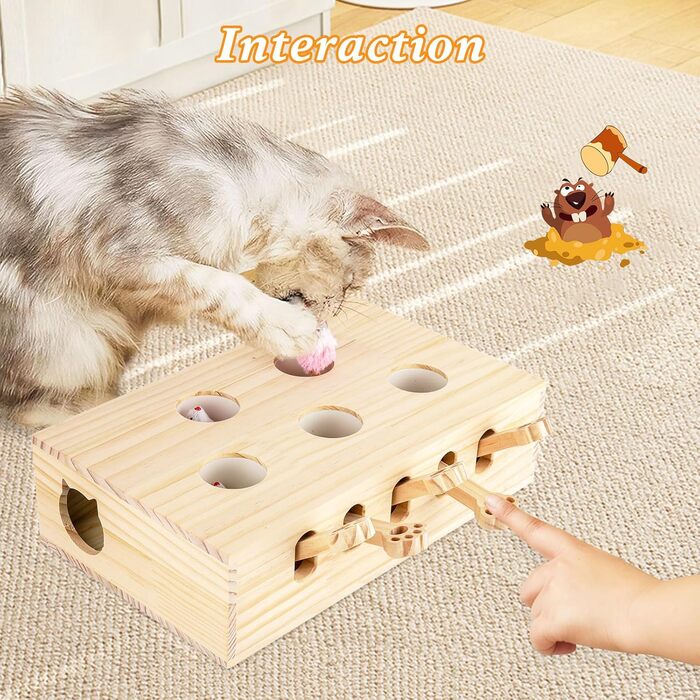 Інтерактивна іграшка для котів BOHJPIS з дерева: мишка-молот, пазл-коробка з іграшками, 5 отворів для тренування та розваг