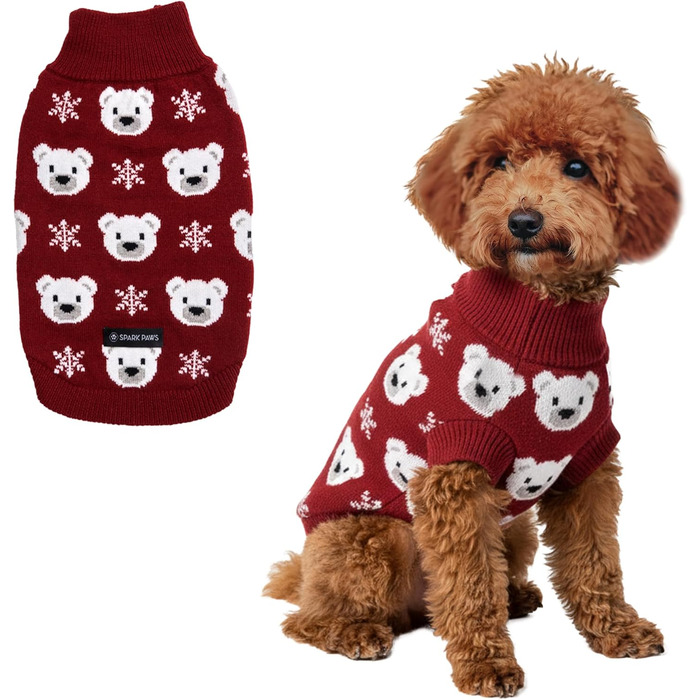 Теплий в'язаний пуловер для собак Spark Paws – для маленьких, середніх та великих собак, включаючи Французьких Бульдогів. (Ведмедик Полярний, 2XL) Розмір 2XL: 16-25 кг