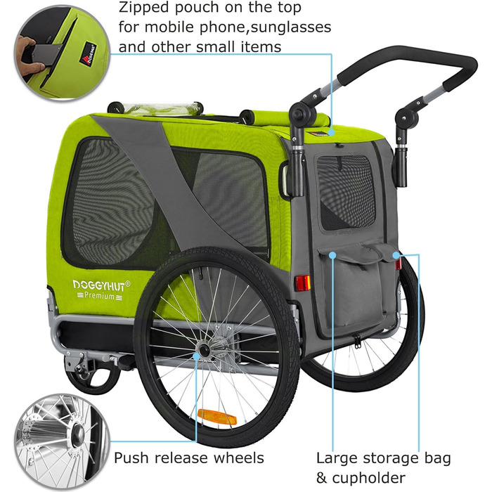 DOGGYHUT® Преміум великий велосипедний причіп для собак 2 в 1, буксир для собак, біговий причіп для собак, великий об'єм 270 літрів, для середніх та великих собак до 35 кг, зелений / чорний
