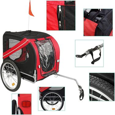 Універсальний велопричіп для собак, складаний, Oxford, з відбивачами, 73x137x90 см, до 40 кг, червоно-чорний