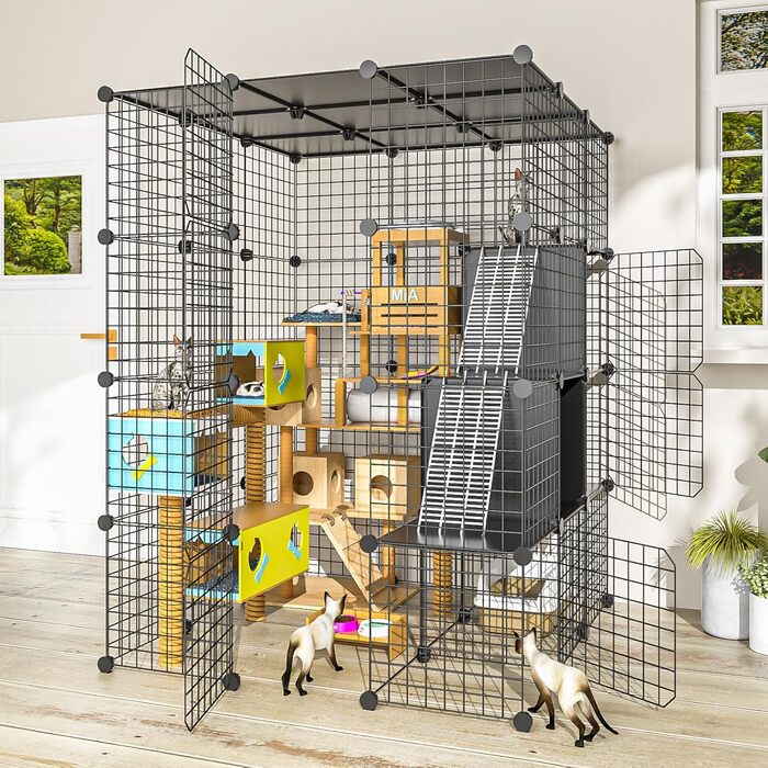 PAWING Великий вольєр для котів Indoor з кубом для зберігання, Catio Outdoor, металевий дріт, вольєр, знімна котяча кімната, ігровий майданчик 3x3x4, вольєр для котів Kitty з платформою для 1-3 котів, 41L x 41W x 55H