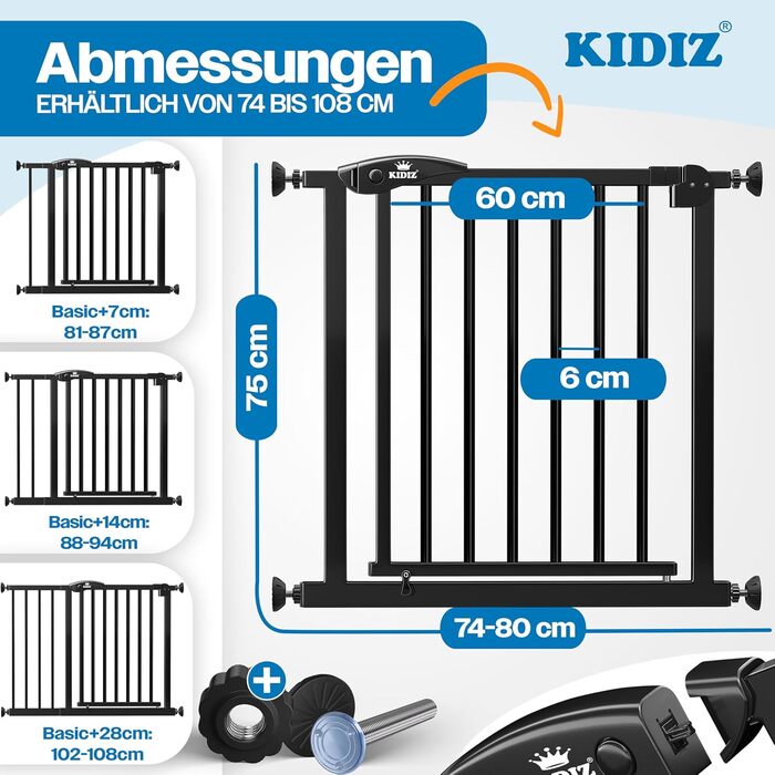 Захист для сходів KIDIZ: сітка-захист для дітей без свердління | Автоматичне закриття | 90° стоп | Чорний, ширина 88-94 см