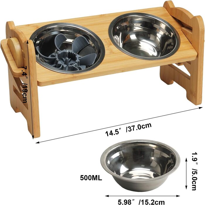 Підвищена годівниця для собак RLAVBL з бамбука, регульована, для повільного годування, з 2 нержавіючими мисками, антиковзаючі підкладки, для собак та котів