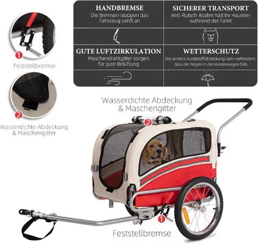 Причеп-біговий візок для собак 2-в-1, до 30 кг, складний, з гальмами, сигнальним прапорцем, для активного відпочинку та дому, червоний