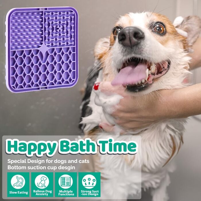 Килимок-лизун для собак та котів, 20 см, з міцними присосками для зняття тривоги та розваг, для купання та дресирування, лопатка та щітка, 2 шт. (фіолетовий та сірий)