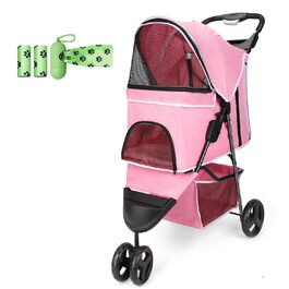 Дитяча візок для тварин, складний, для котів/собак, з кошиком для зберігання та тримачем для напоїв, 3 колеса, для собак та котів, для маленьких або середніх собак, котів, цуценят (Рожевий)