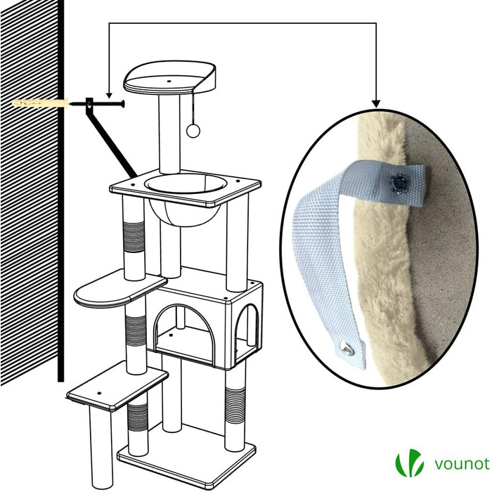 Когтеточка для котів Vounot XXL 215см, багатоярусна, з гамаком та корзиною, стабільна, сіра (бежева XL)