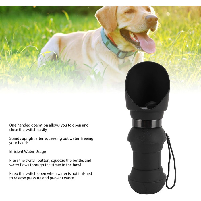 Складана пляшка для води для собак, силіконовий напійник для тварин, диспенсер для води для цуценят, дорожній напійник для собак, для прогулянок та походів (чорний)