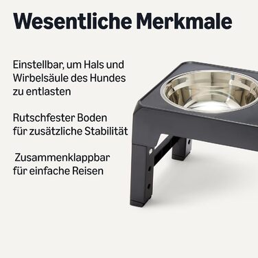 Підставка для мисок для собак Amazon Basics, регульована висота, нержавіюча сталь, протиковзна, годівниця для домашніх тварин, 44 x 24 x 30,5 см, чорна