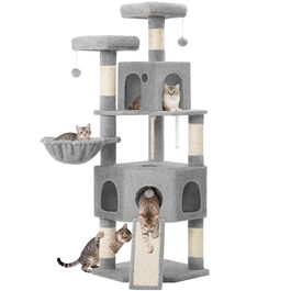 Кігтеточка для котів Hzuaneri, 174 см, XL, 2 платформи, 2 печери, 4 стовпчики, дошка для шліфування кігтів, мотузка з сизалю, плюшеві кульки, сірий колір, для кількох котів MS17418LG