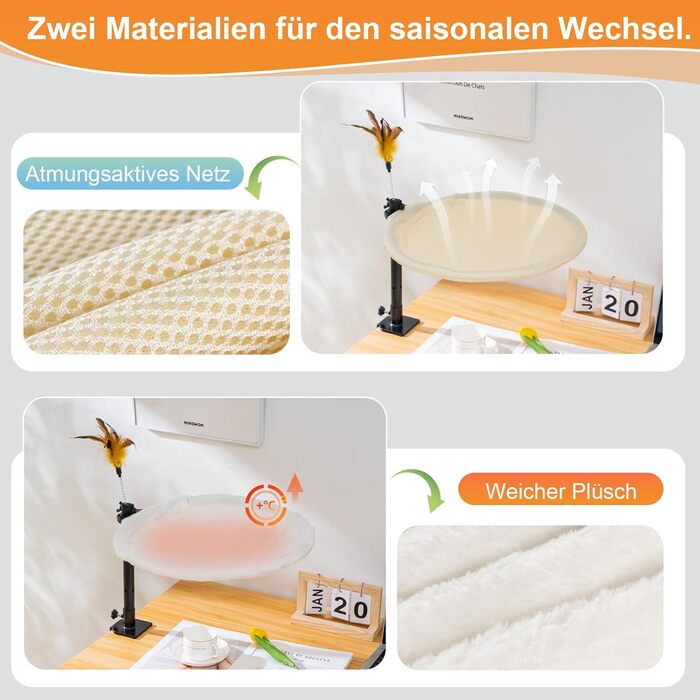 Крісло-гамак для котів Uross - 360° обертання, регульована висота, м'яка лежанка з 2 знімними чохлами, для дому та офісу, цілорічне використання (двошарове, бежеве)