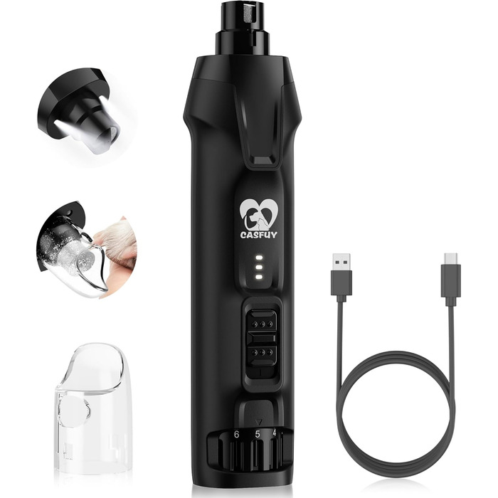 Електричний точилка для собачих кігтів Casfuy - тиха, з LED-підсвіткою та збирачем пилу, 4.8V, для великих собак (чорний)