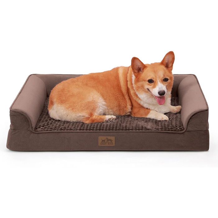 Ортопедичне ліжко для собак маленьких порід, водонепроникне диван-ліжко з бортиками, з підтримуючою піною, знімний та пральний чохол, водонепроникне дно, антиковзаюче (M 91*69*19 см, Колір: Коричневий)