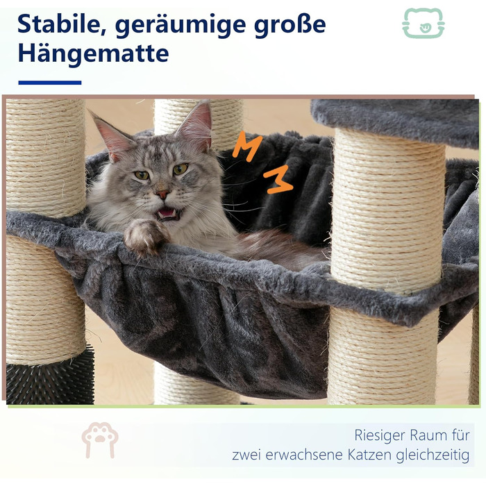 Кігтеточка XXL для мейн-куна, 168 см, з гамаком, сизаловим стовпом (φ11 см), коморою, корзиною, 2 платформами, EMPJ01M (димно-сірий)