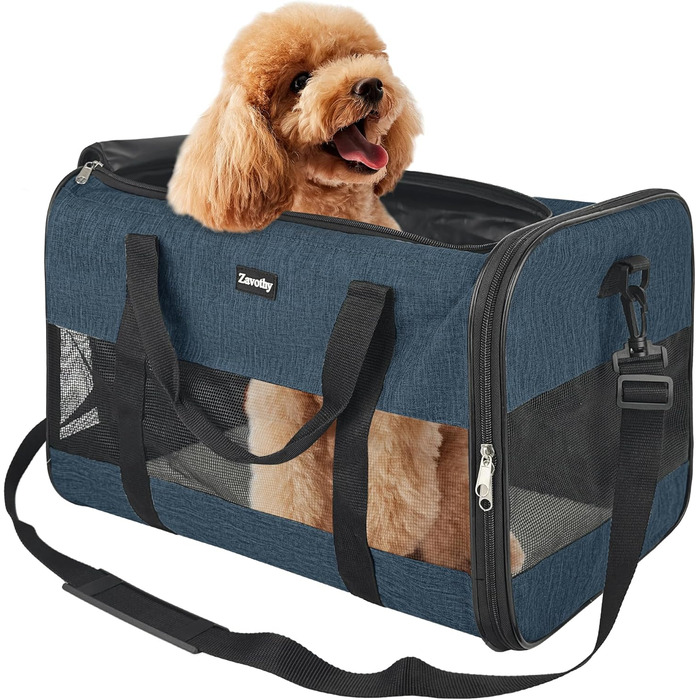 Транспортна сумка для котів та собак, дихаюча та складна, транспортна переноска для котів з регульованим плечовим ременем, знімна плюшева підстилка (Темно-синій, L)