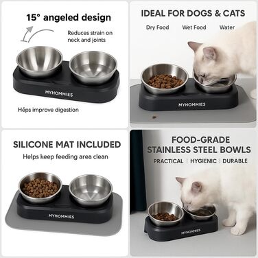 Миска для котів та собак з нержавіючої сталі з нахилом 15°, антиковзаюча, з двома мисками