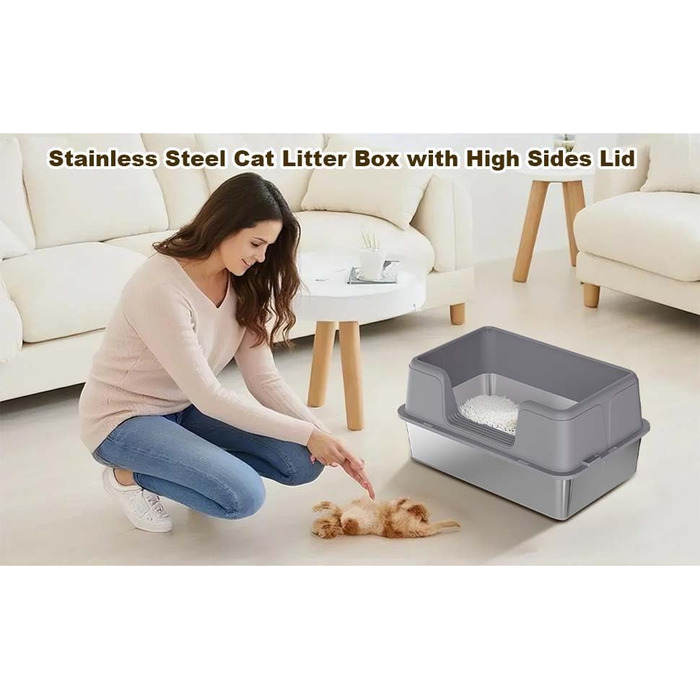 Котлован для котів Zstar Edelstahl, великий, з високими бортиками, знімний, легко миється, з кришкою, 60x40x36.5 см, сірий