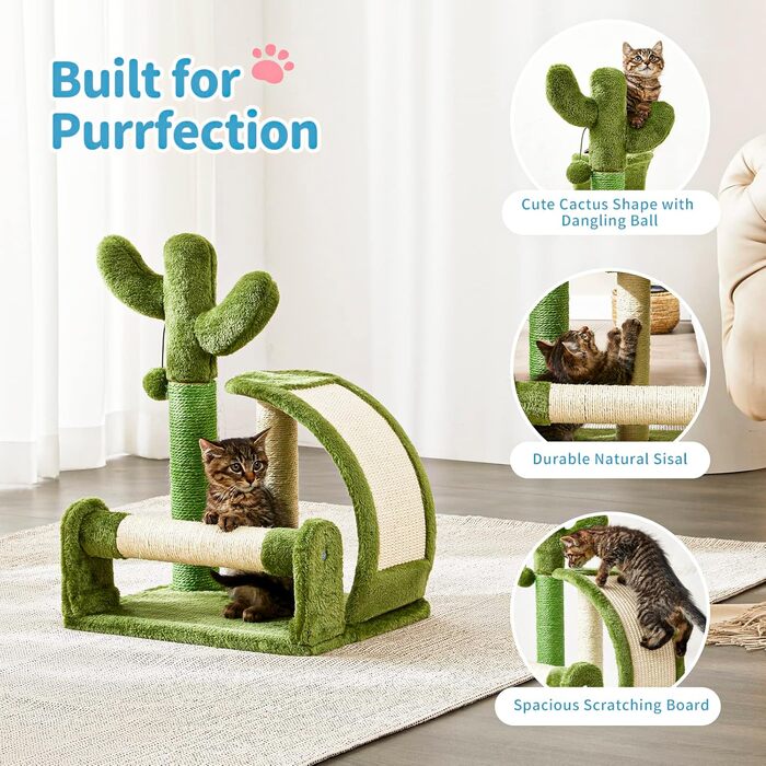 Дряпка для котів Made4Pets Кaktus, з натурального сизалю, зелена, іграшка для домашніх котів з підвісками, для кошенят та маленьких котів