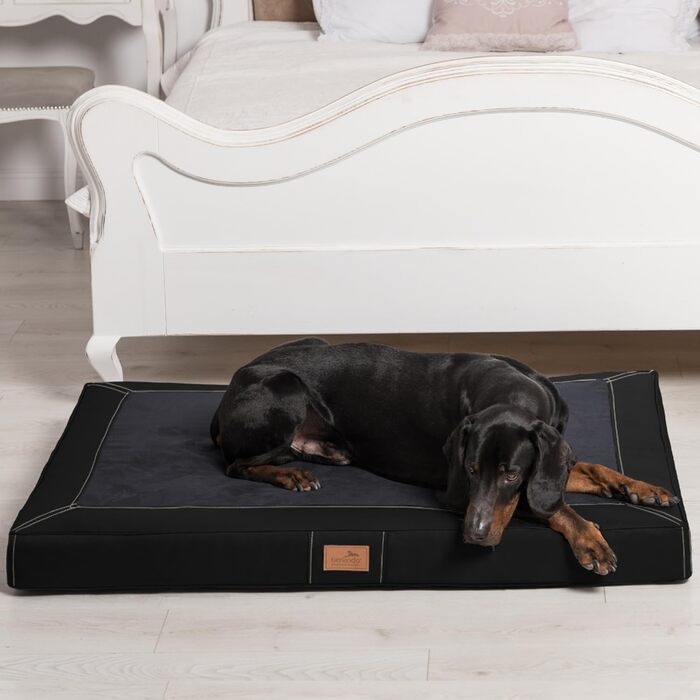 Ортопедичний лежак для собак Tierlando® Oscar VIP з екошкіри та велюру, з в'язкоеластичною піною, протиковзкий, 100x80 см, чорний