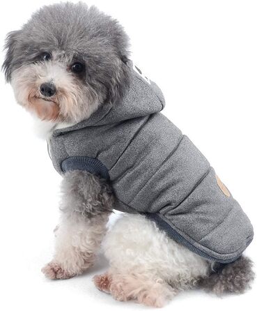 Зимова куртка для собак маленьких порід Ranphy з капюшоном, тепла флісова підкладка, бавовняний халат для домашніх тварин, вітронепроникна куртка, капюшонна куртка для котів, сірий L (Обхват грудей: 42 см), сірий