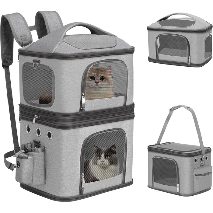 Рюкзак-переноска для котів FASNATI на 2 котів до 12 кг, сірий, для подорожей та кемпінгу