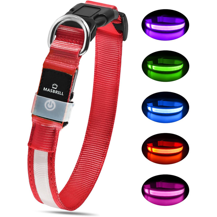 Світловідбиваючий нашийник для собак ASBRILL з LED-підсвічуванням, USB-C, водонепроникний, регульований, 3 режими світла, для собак малого, середнього та великого розміру (L, ЧЕРВОНИЙ)