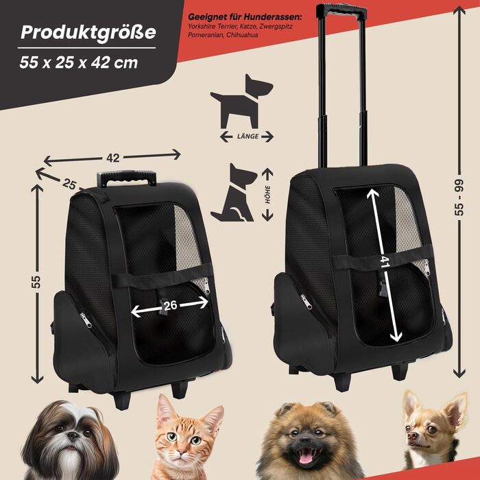 Транспортна сумка-тролей для собак і котів All Pets United, чорна, з телескопічною ручкою, рюкзак для перевезення домашніх тварин