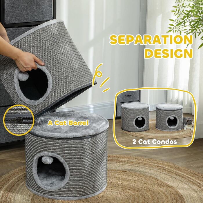 Кігтеточка Pawhut для котів, модульна, з блискавкою, розбірна, 3 яруси, 2 м'ячики, хованка, висота 69 см, сіра