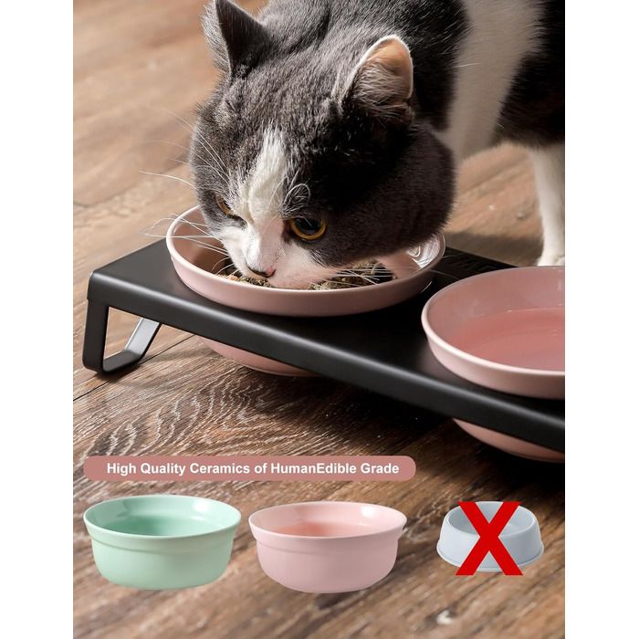 Керамічні миски для котів та собак, рожеві, 12,7 см, 2 миски + металевий підставник, для сухого та вологого корму