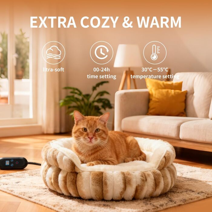 Обігрівальне ліжко для котів, електричне, миється, стійке до укусів, водонепроникне, заспокійливе та тепле з регульованим нагрівальним килимком, 51×51×17 см