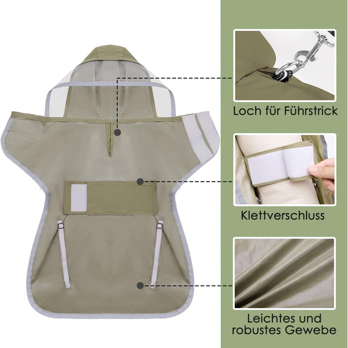 Легкий водонепроникний дощовик для собак з капюшоном, XS-XXL, з регулюванням та світловідбиваючими смугами, з кишенею