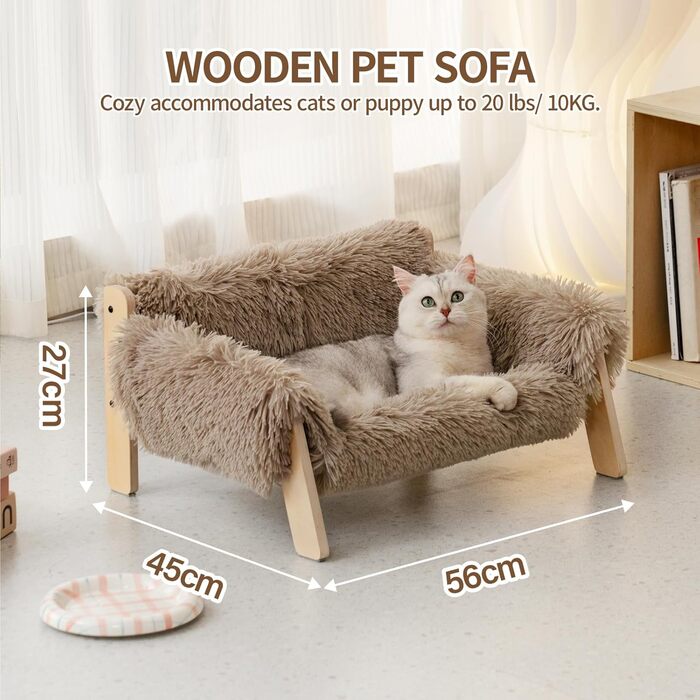 Підвищене дерев'яне котяче ліжко-софа MEWOOFUN 56x45 см, міцне велике котяче ліжко з модним дизайном, знімний чохол, витримує до 10 кг, світло-коричневе