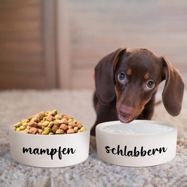 Керамічна миска для собак і котів з подвійним дном 'Mampfen + Schlabbern' | Набір мисок з/без підставки | Миска для корму, води для великих, середніх, маленьких собак і котів (2x 500 мл)