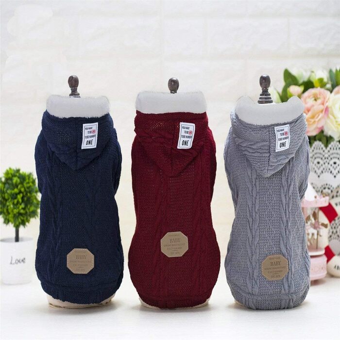 Вовняний пуловер для собак з капюшоном, теплий зимовий пуловер з ролетним коміром, флісовий пуловер, теплий одяг для собак та котів, розмір L (об'єм грудей: 42 см), класичний червоний колір